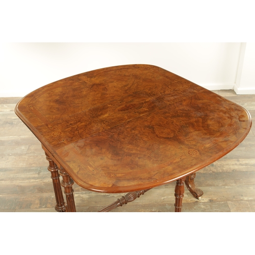 1372 - A GOOD 19TH CENTURY FIGURED WALNUT AND INLAID SUTHERLAND TABLE with fold-down sides and a fluted tur... 