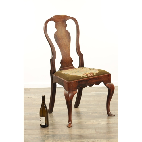 1381 - A GOOD GEORGE II WALNUT SIDE CHAIR with a shaped back having vase shaped back splat, drop-in tapestr... 