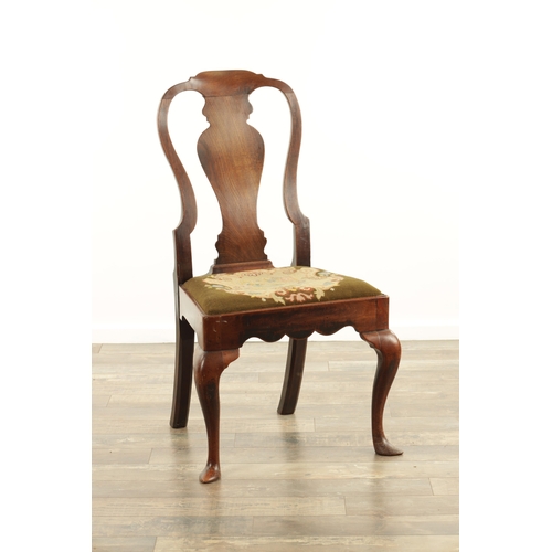 1381 - A GOOD GEORGE II WALNUT SIDE CHAIR with a shaped back having vase shaped back splat, drop-in tapestr... 