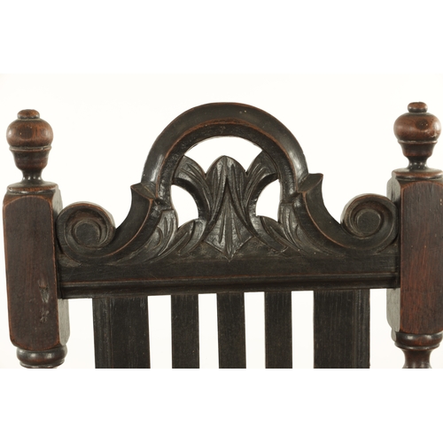 1383 - A CHARLES II OAK HALL CHAIR with a raised slatted back and panelled seat above turned legs and carve... 