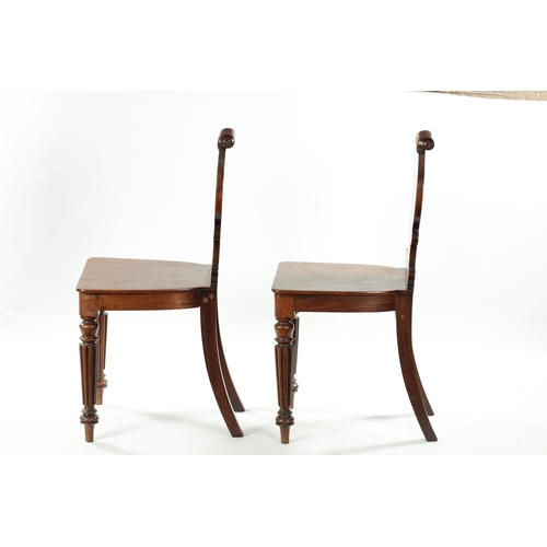 1391 - A PAIR OF REGENCY FLAMED MAHOGANY HALL CHAIRS IN THE MANNER OF GILLOWS with gadrooned handles and so... 