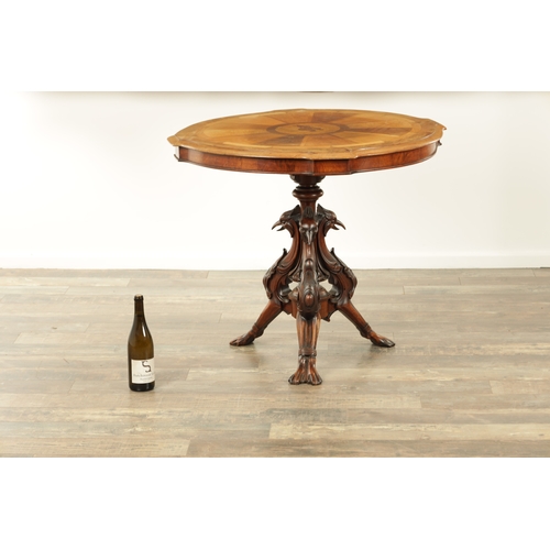 1395 - AN UNUSUAL LATE 19TH CENTURY SPECIMEN TIMBER CENTRE TABLE with segmented top having an inlaid squirr... 