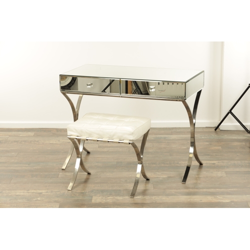 1397 - A STYLISH 1960'S MIRRORED AND CHROME DRESSING TABLE AND STOOL with bevelled mirror top and two friez... 