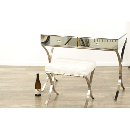 1397 - A STYLISH 1960'S MIRRORED AND CHROME DRESSING TABLE AND STOOL with bevelled mirror top and two friez... 