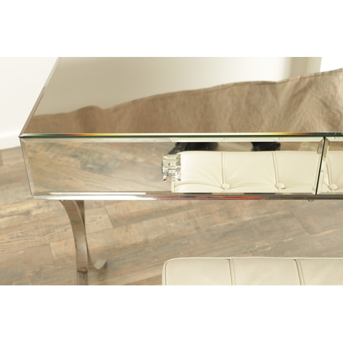 1397 - A STYLISH 1960'S MIRRORED AND CHROME DRESSING TABLE AND STOOL with bevelled mirror top and two friez... 