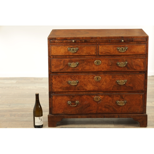 1399 - A GEORGE I FIGURED WALNUT BACHELORS CHEST with quarter veneered cross-banded caddy top above a brush... 