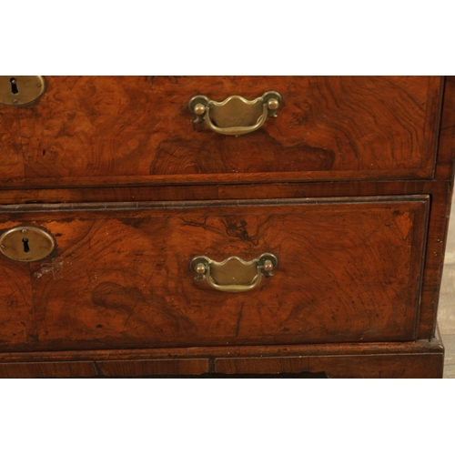 1399 - A GEORGE I FIGURED WALNUT BACHELORS CHEST with quarter veneered cross-banded caddy top above a brush... 