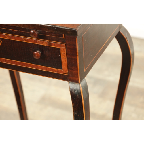 1404 - A FINE GEORGE III HAREWOOD AND AMBOYNA WORK TABLE of shaped form with cross banded inlaid top above ... 