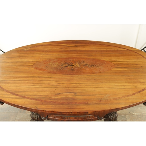 1408 - A 19TH CENTURY FIGURED WALNUT AND MARQUETRY INLAID CENTRE TABLE the oval top with floral marquetry c... 