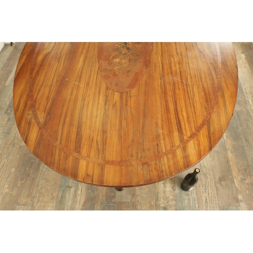 1408 - A 19TH CENTURY FIGURED WALNUT AND MARQUETRY INLAID CENTRE TABLE the oval top with floral marquetry c... 