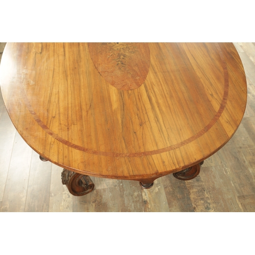 1408 - A 19TH CENTURY FIGURED WALNUT AND MARQUETRY INLAID CENTRE TABLE the oval top with floral marquetry c... 