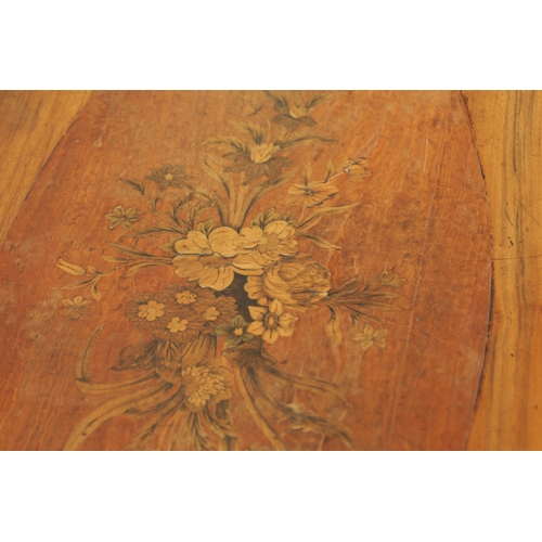 1408 - A 19TH CENTURY FIGURED WALNUT AND MARQUETRY INLAID CENTRE TABLE the oval top with floral marquetry c... 