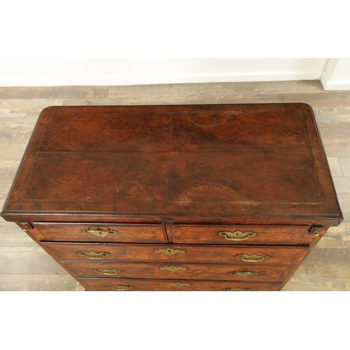 1415 - AN EARLY 18TH CENTURY FIGURED WALNUT AND HERRING BANDED BACHELORS CHEST with fold-over hinged top ab... 