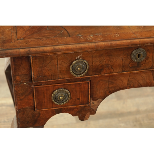 1418 - A QUEEN ANNE STYLE WALNUT AND INLAID LOWBOY with geometric inlaid top above three frieze drawers rai... 