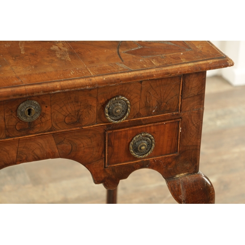 1418 - A QUEEN ANNE STYLE WALNUT AND INLAID LOWBOY with geometric inlaid top above three frieze drawers rai... 