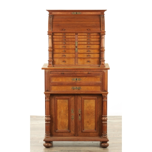 1425 - A LATE 19TH CENTURY WALNUT DENTIST'S CABINET, the top section with a rounded front tambour top above... 