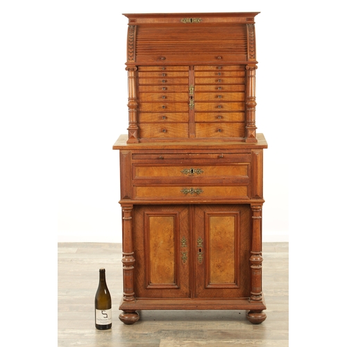 1425 - A LATE 19TH CENTURY WALNUT DENTIST'S CABINET, the top section with a rounded front tambour top above... 