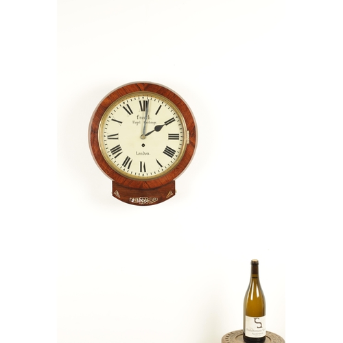 965 - FRENCH, ROYAL EXCHANGE, LONDON. A 19TH CENTURY ROSEWOOD FUSEE WALL CLOCK, the case inlaid with mothe... 