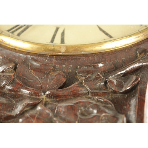 978 - AN UNUSUAL 19TH CENTURY DOUBLE FUSEE WALL CLOCK, the carved oak case with hinged bottom door and cas... 