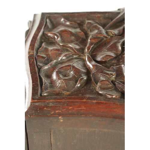 978 - AN UNUSUAL 19TH CENTURY DOUBLE FUSEE WALL CLOCK, the carved oak case with hinged bottom door and cas... 