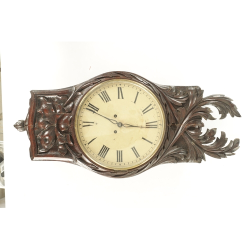 978 - AN UNUSUAL 19TH CENTURY DOUBLE FUSEE WALL CLOCK, the carved oak case with hinged bottom door and cas... 