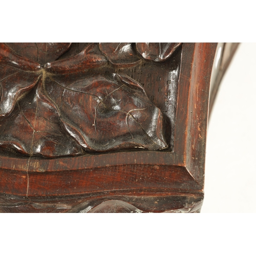 978 - AN UNUSUAL 19TH CENTURY DOUBLE FUSEE WALL CLOCK, the carved oak case with hinged bottom door and cas... 