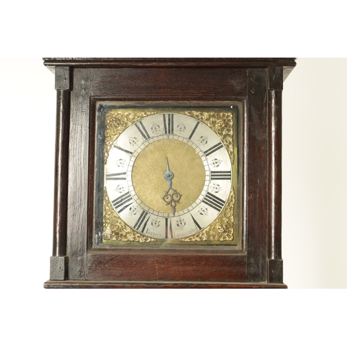 982 - ROGERS, LEOMINSTER. AN EARLY 18TH CENTURY 30-HOUR LONGCASE CLOCK, the slender oak case with moulded ... 