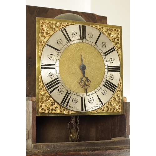 982 - ROGERS, LEOMINSTER. AN EARLY 18TH CENTURY 30-HOUR LONGCASE CLOCK, the slender oak case with moulded ... 