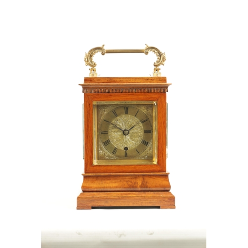 984 - A FINE REGENCY ROSEWOOD ENGLISH FUSEE LIBRARY CLOCK with gilt brass rococo style handle above a beve... 