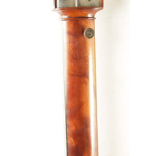 985 - A GEORGIAN STYLE FIGURED MAHOGANY BOW FRONTED STICK BAROMETER, having a swan neck pediment above a c... 