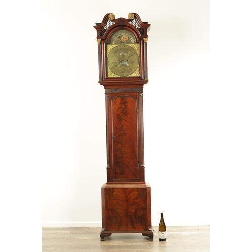 987 - J. PERSALL, MANCHESTER AN UNUSUAL GEORGE III FIGURED MAHOGANY LONGCASE CLOCK having a swan neck pedi... 