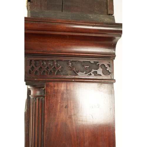 987 - J. PERSALL, MANCHESTER AN UNUSUAL GEORGE III FIGURED MAHOGANY LONGCASE CLOCK having a swan neck pedi... 