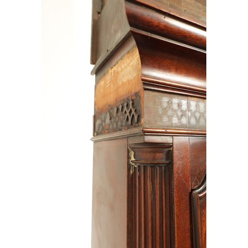 987 - J. PERSALL, MANCHESTER AN UNUSUAL GEORGE III FIGURED MAHOGANY LONGCASE CLOCK having a swan neck pedi... 