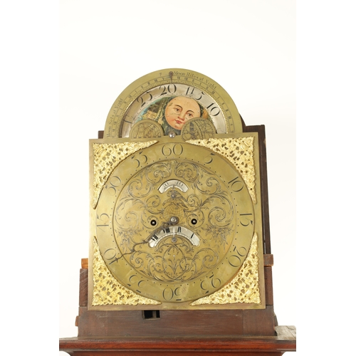 987 - J. PERSALL, MANCHESTER AN UNUSUAL GEORGE III FIGURED MAHOGANY LONGCASE CLOCK having a swan neck pedi... 