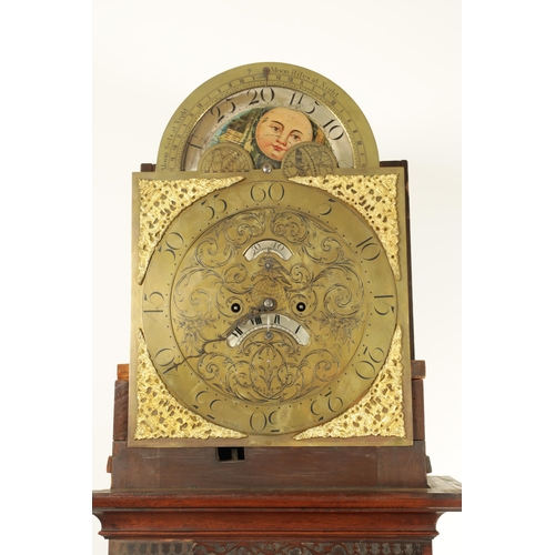 987 - J. PERSALL, MANCHESTER AN UNUSUAL GEORGE III FIGURED MAHOGANY LONGCASE CLOCK having a swan neck pedi... 