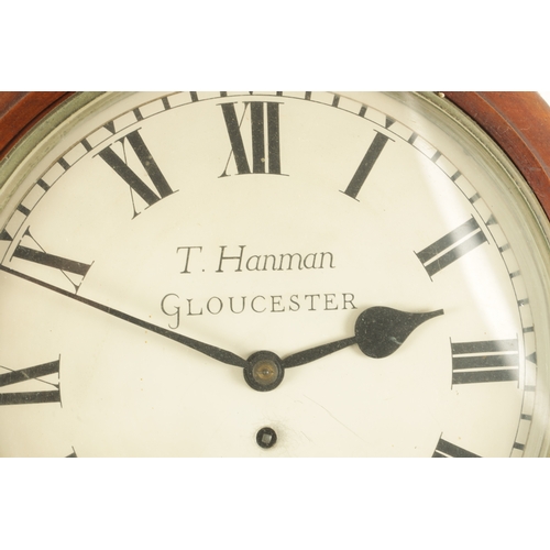 989 - T. HANMAN, GLOUCESTER. A LATE 19TH CENTURY MAHOGANY FUSEE WALL CLOCK the drop box style case having ... 