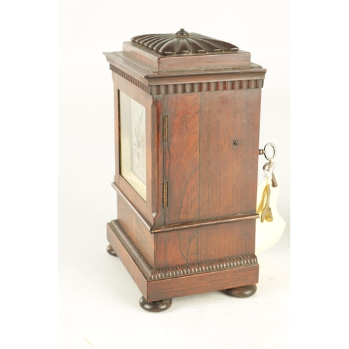 994 - A SMALL WILLIAM IV ROSEWOOD FUSEE MANTEL CLOCK the case with gadrooned top and brass canted corners ... 