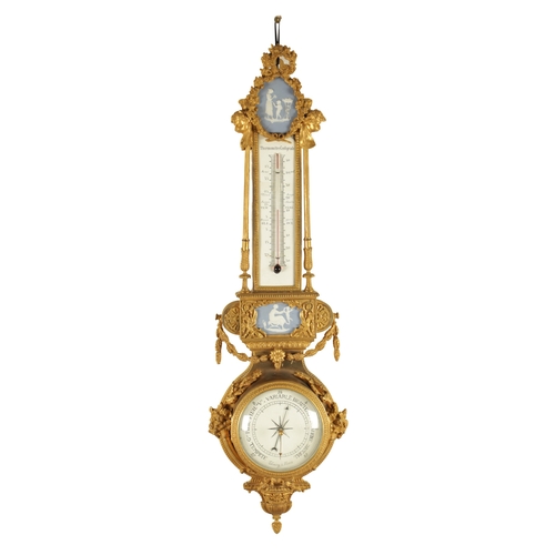 997 - A FINE MATCHED PAIR OF 19TH CENTURY FRENCH GILT BRONZE AND WEDGWOOD PANELLED HANGING WHEEL BAROMETER... 