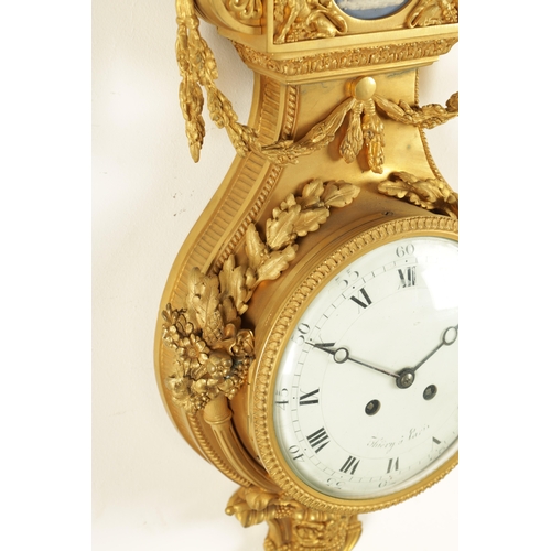 997 - A FINE MATCHED PAIR OF 19TH CENTURY FRENCH GILT BRONZE AND WEDGWOOD PANELLED HANGING WHEEL BAROMETER... 