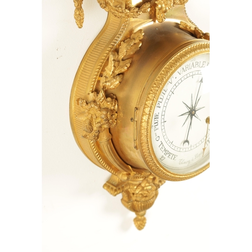 997 - A FINE MATCHED PAIR OF 19TH CENTURY FRENCH GILT BRONZE AND WEDGWOOD PANELLED HANGING WHEEL BAROMETER... 