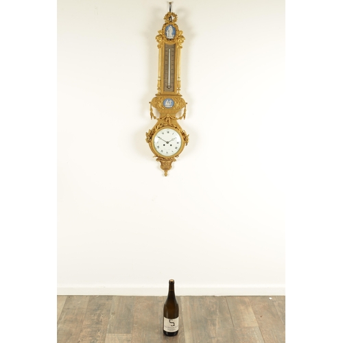 997 - A FINE MATCHED PAIR OF 19TH CENTURY FRENCH GILT BRONZE AND WEDGWOOD PANELLED HANGING WHEEL BAROMETER... 