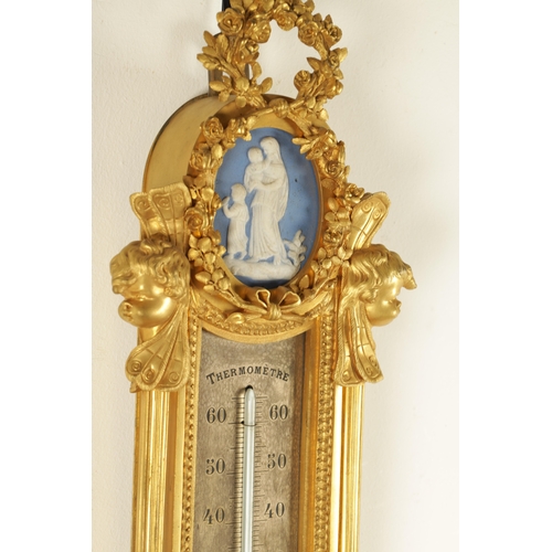 997 - A FINE MATCHED PAIR OF 19TH CENTURY FRENCH GILT BRONZE AND WEDGWOOD PANELLED HANGING WHEEL BAROMETER... 