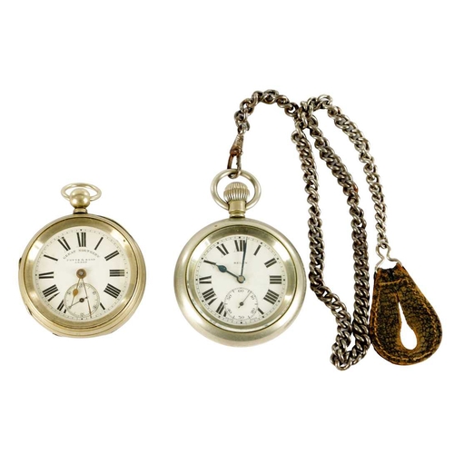 392 - TWO OPEN FACED RAILWAY POCKET WATCHES, the first by Potts & Sons, Leeds, having a nickel case inscri... 