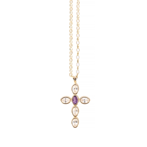 114 - A 9CT GOLD ZIRCON AND AMETHYST PENDANT NECKLACE, the cross pendant decorated with five oval-cut whit... 