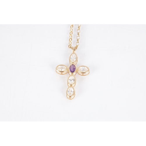 114 - A 9CT GOLD ZIRCON AND AMETHYST PENDANT NECKLACE, the cross pendant decorated with five oval-cut whit... 