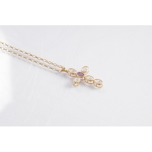 114 - A 9CT GOLD ZIRCON AND AMETHYST PENDANT NECKLACE, the cross pendant decorated with five oval-cut whit... 