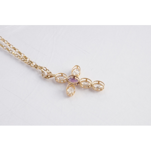 114 - A 9CT GOLD ZIRCON AND AMETHYST PENDANT NECKLACE, the cross pendant decorated with five oval-cut whit... 