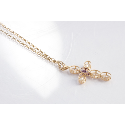 114 - A 9CT GOLD ZIRCON AND AMETHYST PENDANT NECKLACE, the cross pendant decorated with five oval-cut whit... 