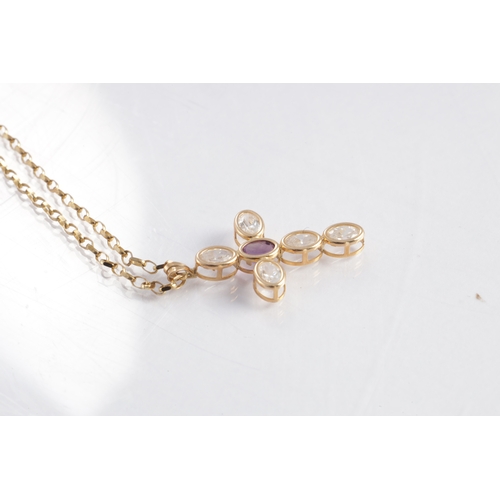 114 - A 9CT GOLD ZIRCON AND AMETHYST PENDANT NECKLACE, the cross pendant decorated with five oval-cut whit... 