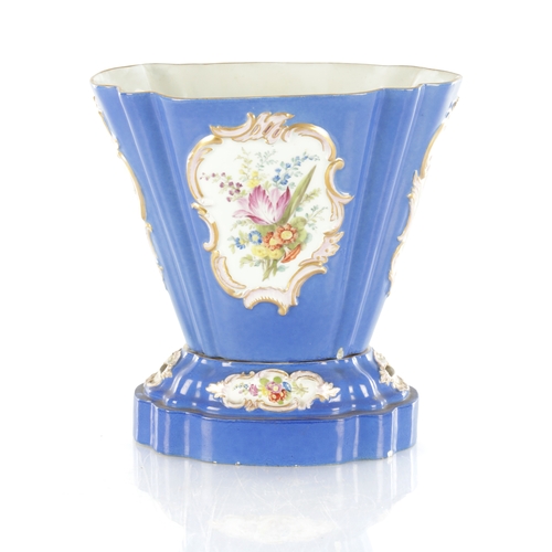 67 - A 19TH CENTURY MEISSEN FLOWER VASE on a blue ground with rococo style panels of flower sprays - pain... 